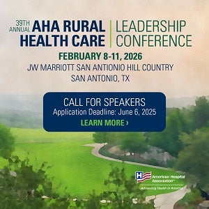 39th Annual AHA Rural Health Care Leadership Conference. February 8-11, 2026. San Antonio, Texas. JW Marriott San Antonio Hill Country. Call for Speakers. Application Deadline: June 6, 2025. Learn More.
